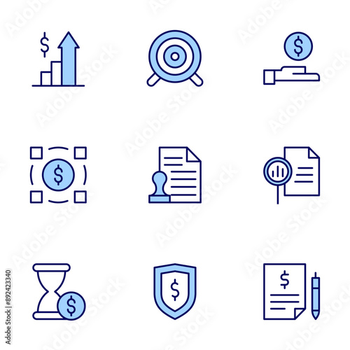 Business icons set. Line icons, doutone style, editable stroke, vector illustration. value chain, time is money, profits, target, stamp, shield, revenue, report, quote request.