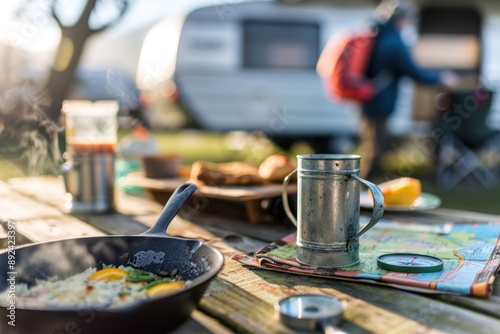 Camping Breakfast Table with a Camper Van in the Background