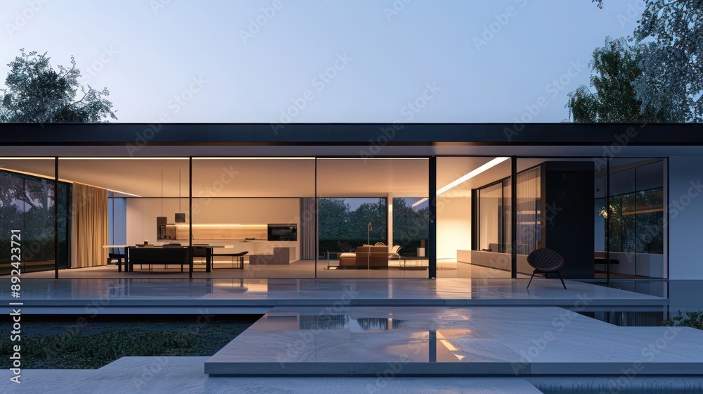 Front view of a sleek, suburban home with an all-glass facade, providing a glimpse into the minimalist interior Front view of a sleek, suburban home with an all-glass facade, providing a glimpse into the minimalist interior