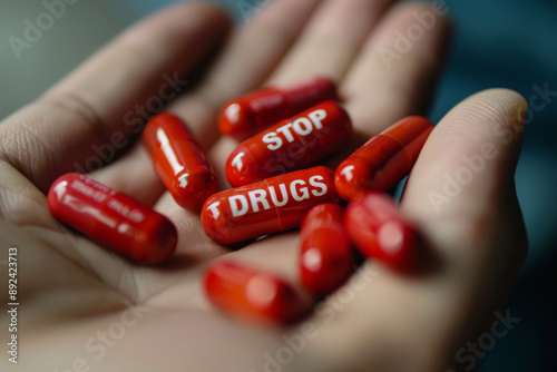 Stop drugs, a lot of drug tablets with a sign on them.