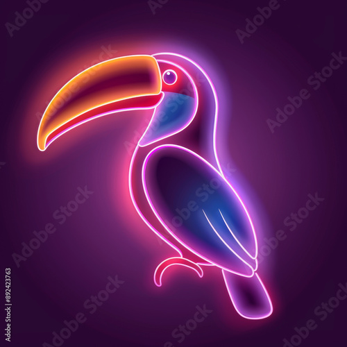 Vibrant neon toucan illustration glowing against a dark background. Perfect for modern, colorful designs and tropical themes.
