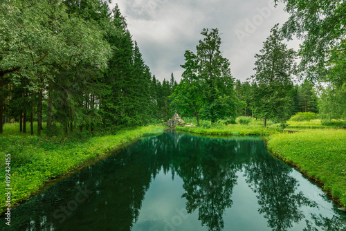 A body of water surrounded by trees and grass