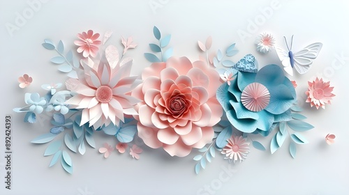 3d render, abstract cut paper flowers isolated on white, botanical background, festive floral arrangement. Rose, daisy, dahlia, butterfly and leaves in pastel color palette. Simple modern wall decor