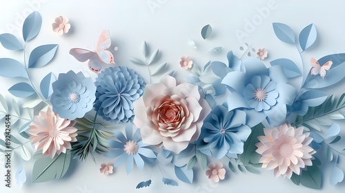 3d render, abstract cut paper flowers isolated on white, botanical background, festive floral arrangement. Rose, daisy, dahlia, butterfly and leaves in pastel color palette. Simple modern wall decor