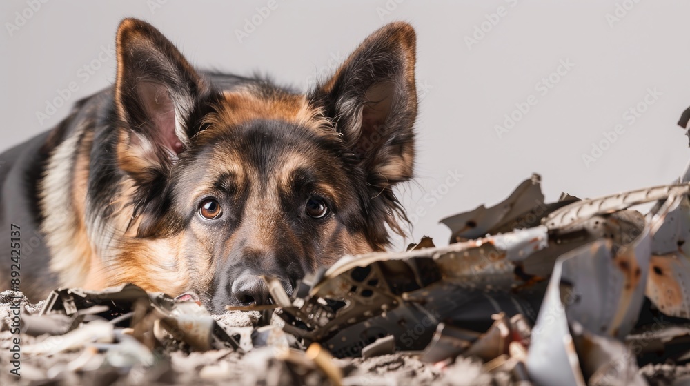 german shepherd dog lying on the ground surrounded by metal fragments from an airplane wing with a white background and focus on fur texture