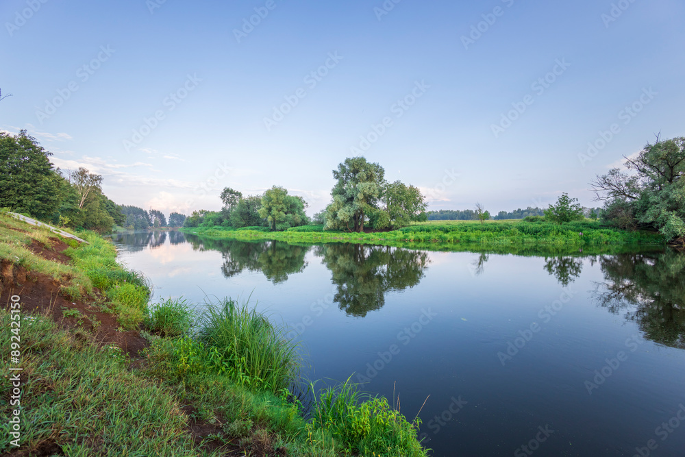 Fototapeta premium A calm river with trees on both sides