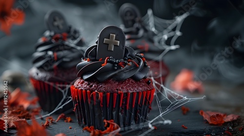 Halloween Gothic Romanticism Detailed View of Crimson Red Velvet Cupcake with Miniature Tombstones and Spiderwebs photo