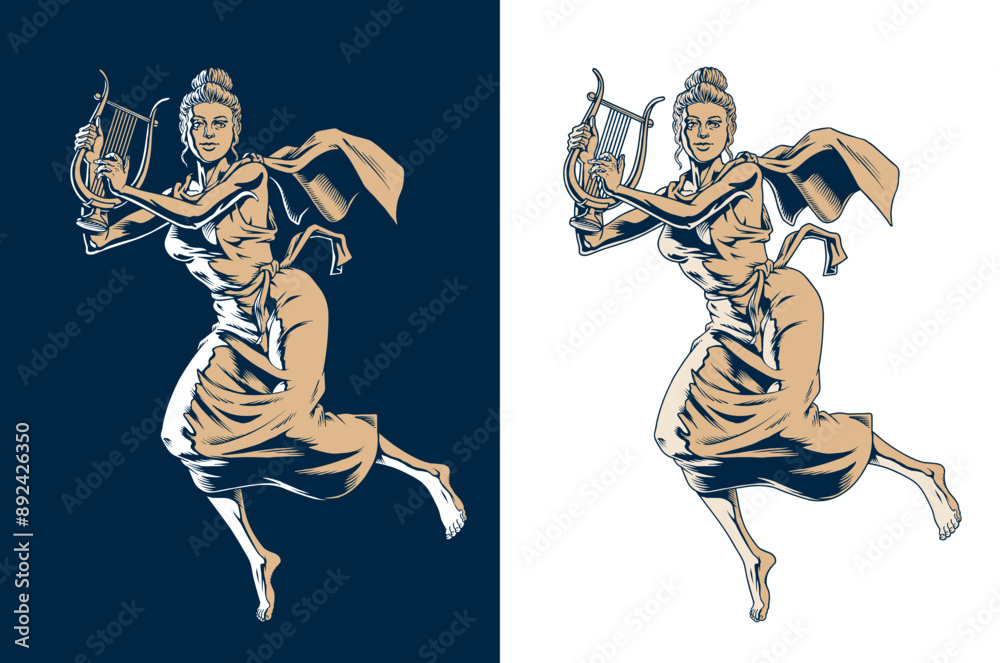 Obraz premium Muse playing the lyre. Greek goddess Terpsichore or Calliope, young woman in dress soaring, isolated on the white background. Classic music, poetry, dance or theater concept. Vector illustration.