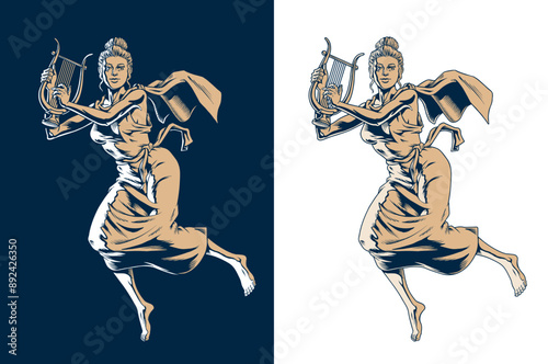 Muse playing the lyre. Greek goddess Terpsichore or Calliope, young woman in dress soaring, isolated on the white background. Classic music, poetry, dance or theater concept. Vector illustration.