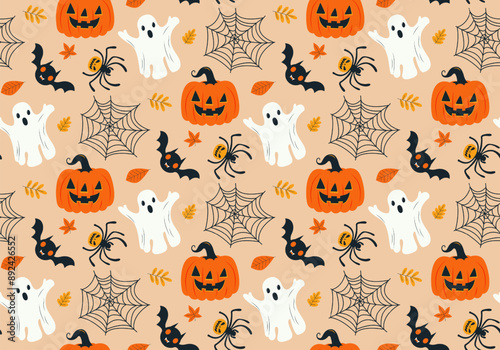 Cute Hand Draw Boho Happy Halloween holiday Seamless Pattern background. Pumpkin, Ghost, Bat, Spider Cartoon style vector Wallpaper illustration texture Bohemian desing repeat design for fabric print.