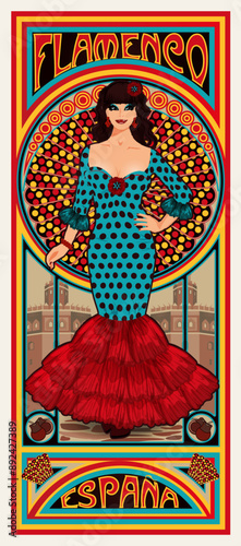 Young spanish flamenco woman in art nouveau style, vector illustration