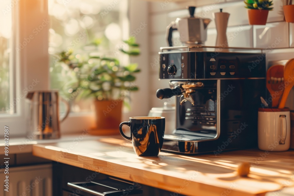 Espresso Machine and a Cup of Coffee on a Kitchen Counter Espresso Machine and a Cup of Coffee on a Kitchen Counter