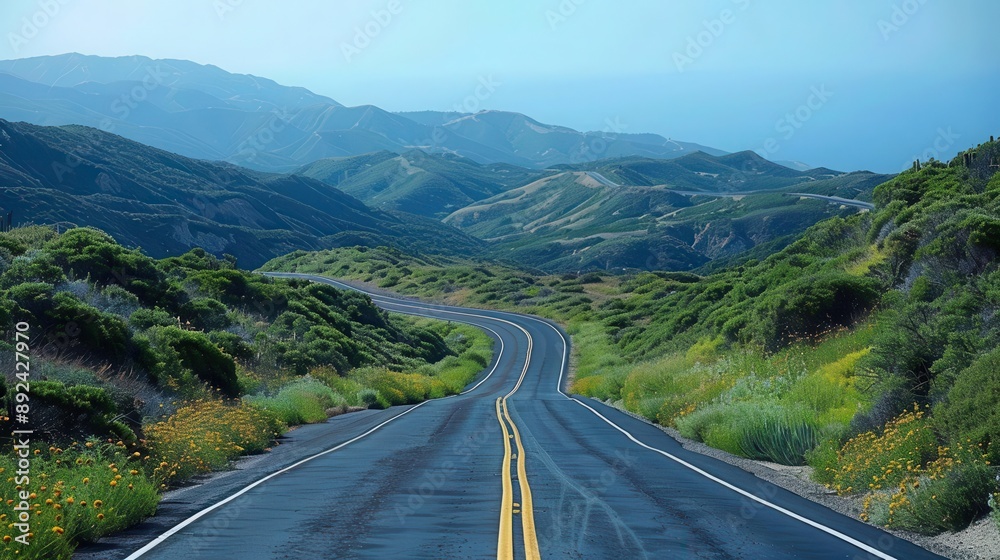 A winding asphalt road leads through a lush green valley with mountains in the distance. Wall art, leaflet, and poster design, website, and media decor. Commercial use, 300 dpi. A winding asphalt road leads through a lush green valley with mountains in the distance. Wall art, leaflet, and poster design, website, and media decor. Commercial use, 300 dpi.