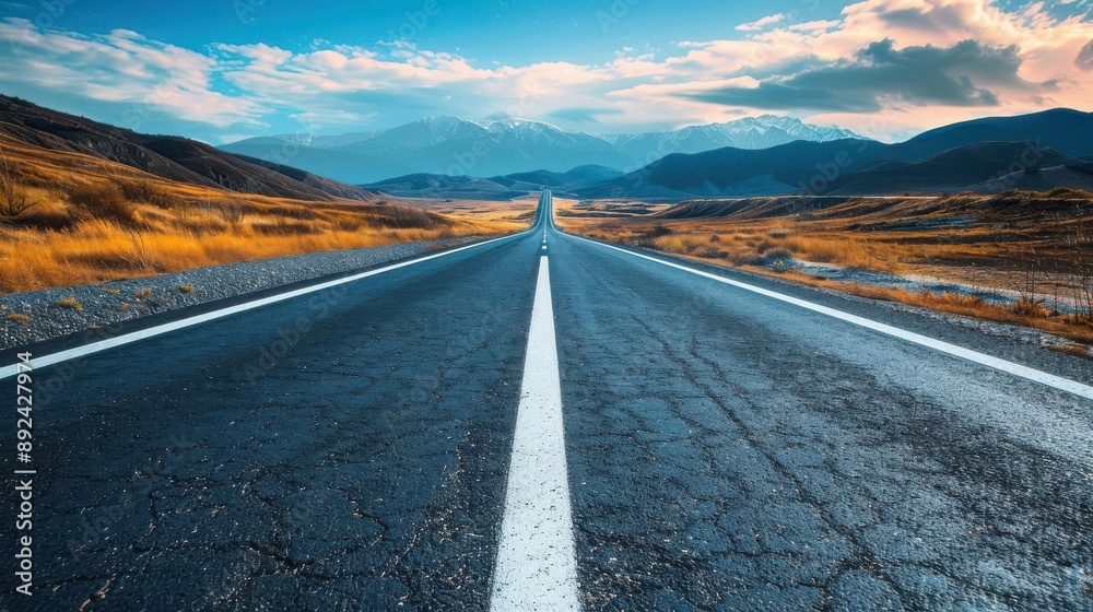 Fototapeta premium Empty road leading towards mountains under a blue sky with clouds. Wall art, leaflet, and poster design, website, and media decor. Commercial use, 300 dpi. 