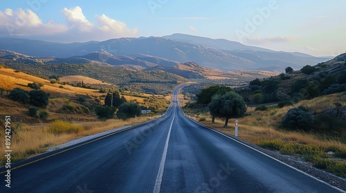 Empty asphalt road leading through a valley with mountain range in background. Wall art, leaflet, and poster design, website, and media decor. Commercial use, 300 dpi