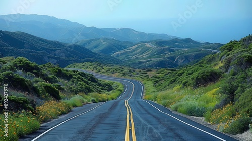 A winding asphalt road leads through a lush green valley with mountains in the distance. Wall art, leaflet, and poster design, website, and media decor. Commercial use, 300 dpi. 