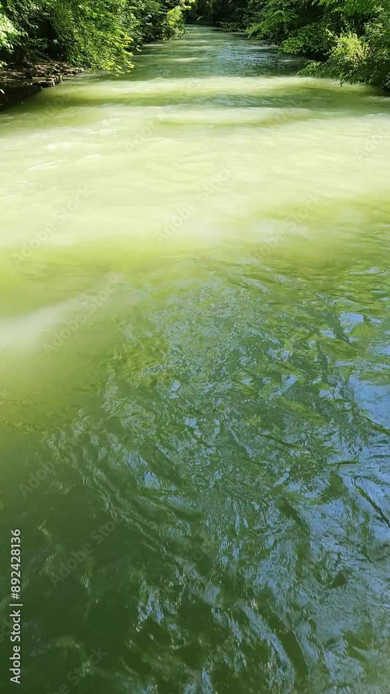 The greenish water of the Isar flows quickly in a park in Munich.