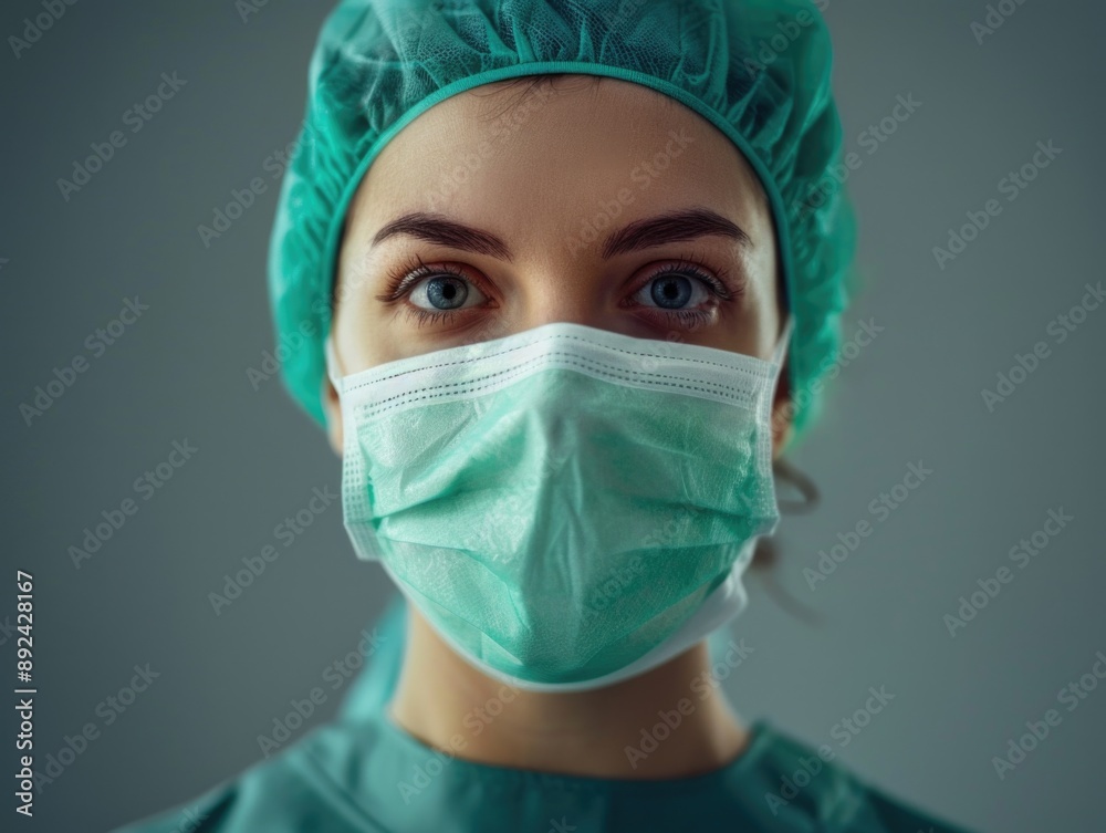 A close-up shot of a person wearing a surgical mask, suitable for use in medical or health-related contexts A close-up shot of a person wearing a surgical mask, suitable for use in medical or health-related contexts