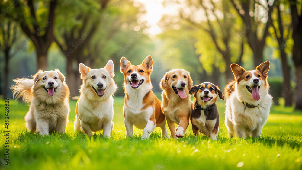 Adorable canines of various breeds frolic and chase each other on vibrant green grass in a serene public park, enjoying joyful playful moments together. Adorable canines of various breeds frolic and chase each other on vibrant green grass in a serene public park, enjoying joyful playful moments together.