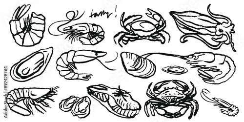 Isolated vector set of seafood. Shrimps, langoustines, prawns, salmon, trout, oysters, mussels, squid, crab, lemon, octopus, rosemary, sea urchin. Сhalk drawing. Chalkboard. 