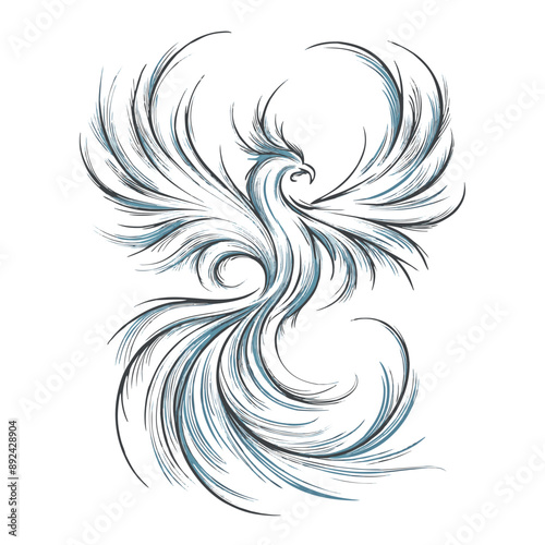 A black and blue illustration of a phoenix bird with its wings spread