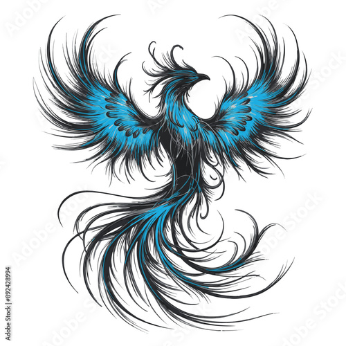 A phoenix with blue and black feathers spreading its wings and tail