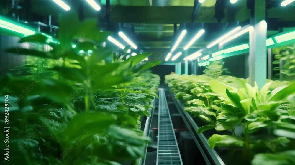 3D render of indoor hydroponic farming with vibrant green plants under LED lights 3D render of indoor hydroponic farming with vibrant green plants under LED lights