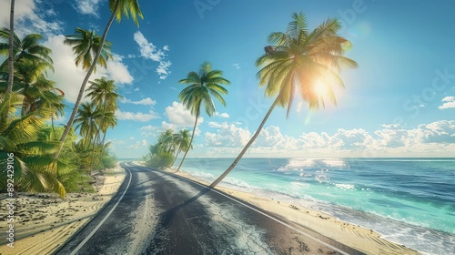 A vibrant summer road that runs along the coast, with clear skies and a gentle sea breeze. The road is flanked by tropical palms swaying, with the ocean shimmering under the sun on one side.