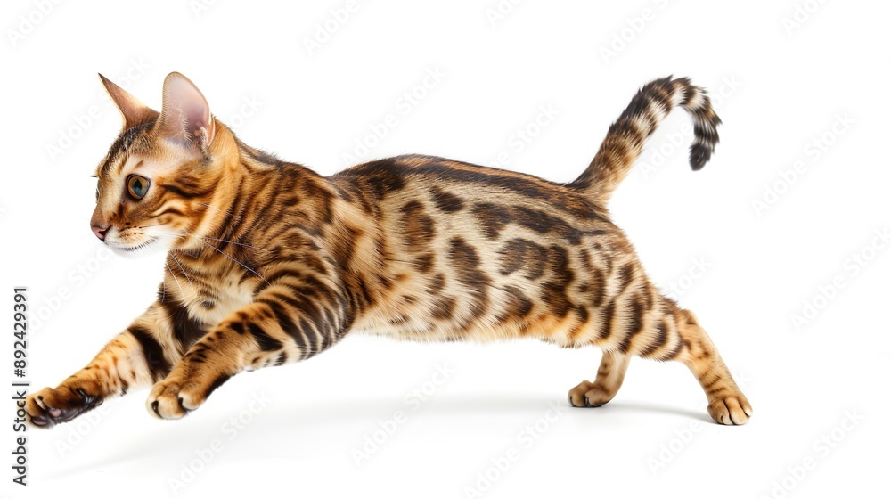 A Bengal cat with a playful stance, isolated on a white background. A Bengal cat with a playful stance, isolated on a white background.