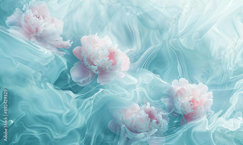 Fototapeta Naklejka Na Ścianę i Meble -  Delicate Pink Peonies on Blue Fabric.