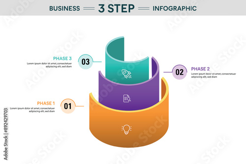 3 Step Semi Circle Cylinder Infographic. 3D Vector Illustration For Business Financial Report.