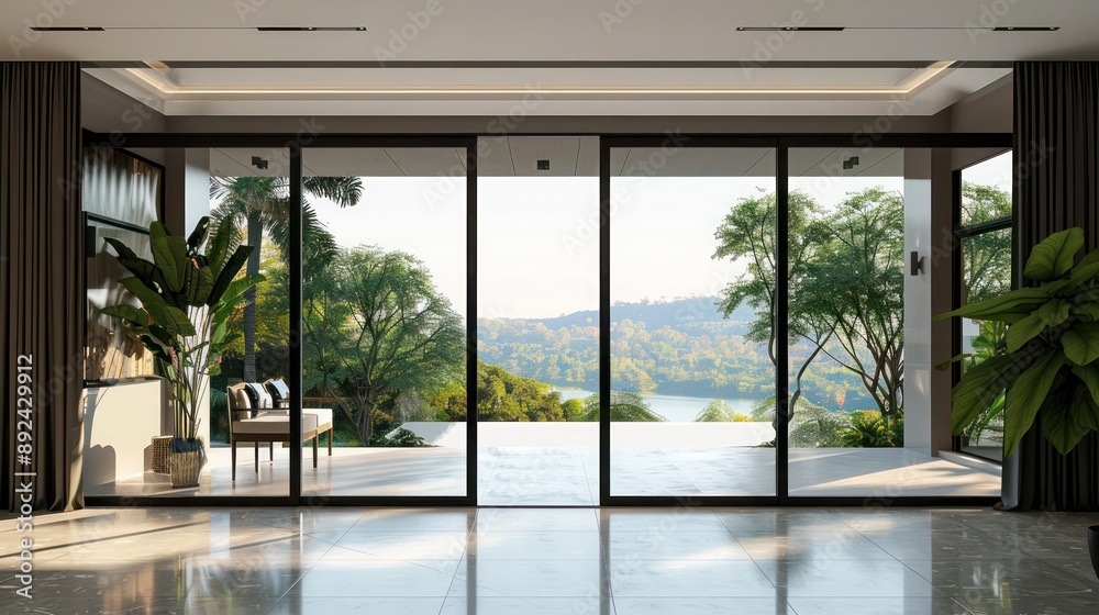 Fototapeta premium Luxurious minimalist suburban home with large sliding doors and a panoramic view of the surrounding nature Include copy space
