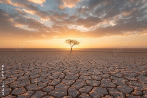 Lone Tree in Parched Desert at Sunset