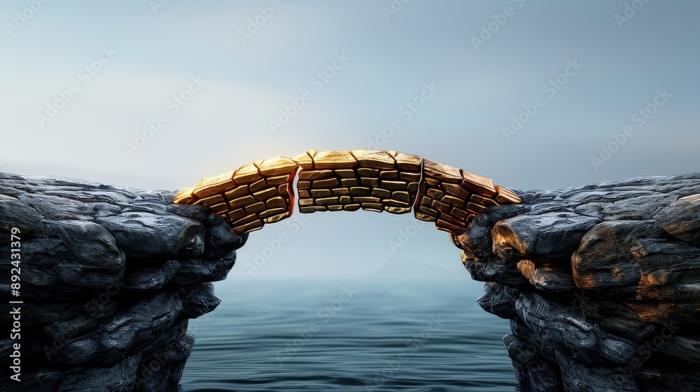 Fototapeta premium A broken bridge made of gold connecting two cliffs symbolizing the risk of greed and blame