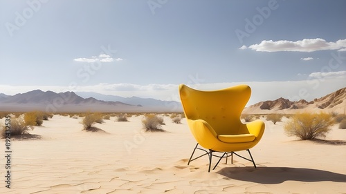 In the middle of the desert, a yellow chair photo