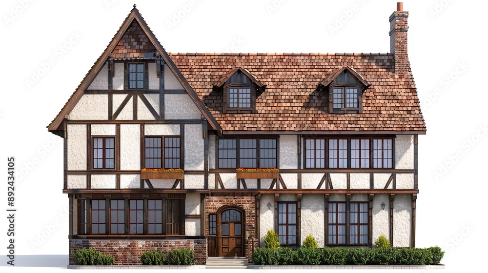 A Tudor-style home with half-timbering on a white background A Tudor-style home with half-timbering on a white background