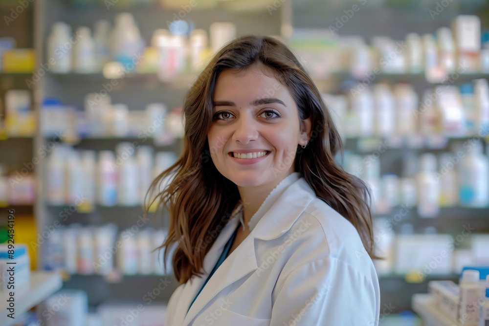 Pharmacist smiling at camera in pharmacy.