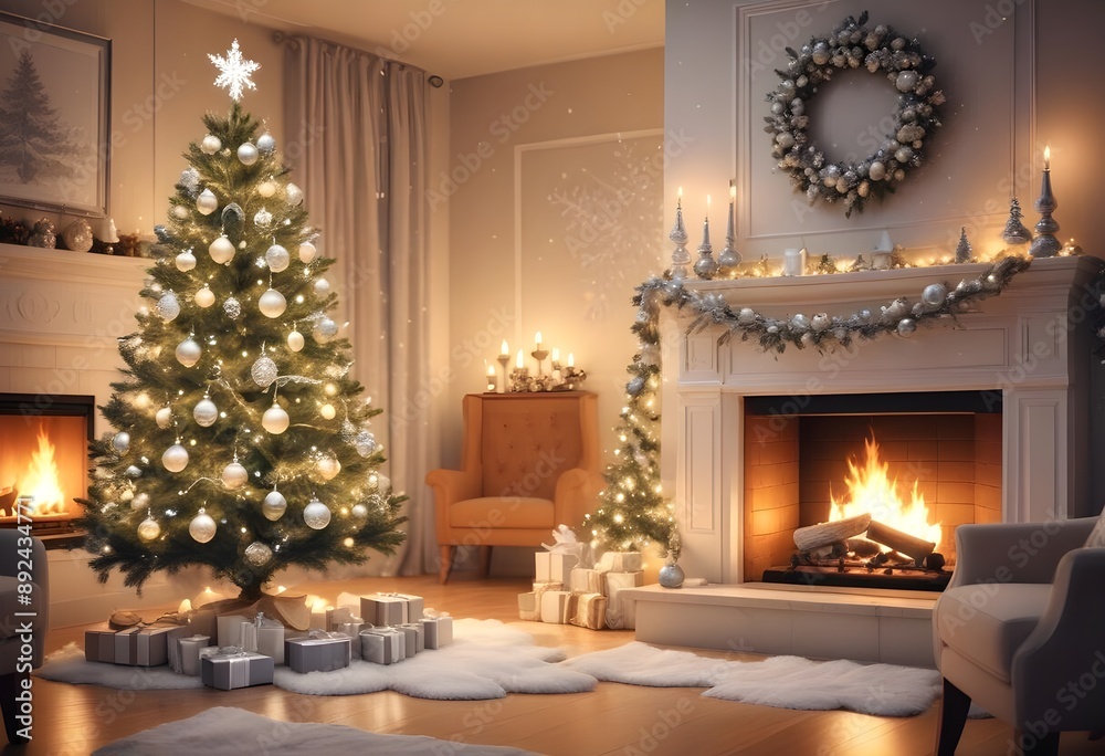 Christmas tree filled with intricate silver and white ornaments, illuminated by soft, blurred pastel lights. The scene captures a winter wonderland aesthetic with snowflakes visible outside the window Christmas tree filled with intricate silver and white ornaments, illuminated by soft, blurred pastel lights. The scene captures a winter wonderland aesthetic with snowflakes visible outside the window