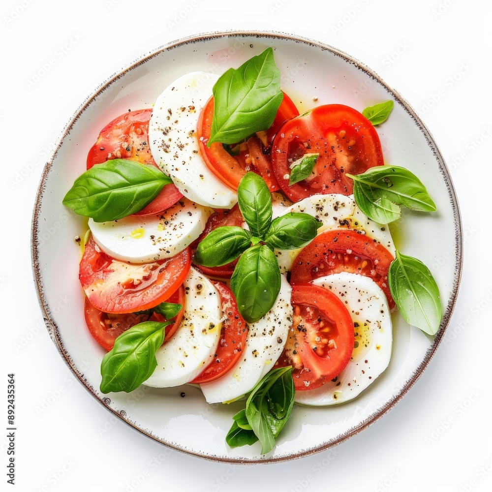A refreshing Caprese salad with ripe tomatoes, mozzarella, and basil A refreshing Caprese salad with ripe tomatoes, mozzarella, and basil