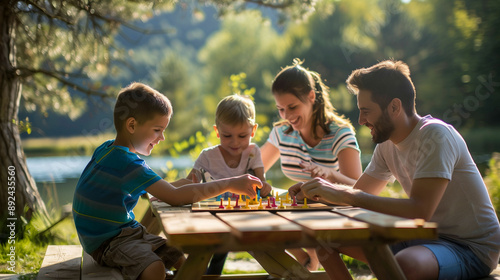Fototapeta Naklejka Na Ścianę i Meble -  Family playing board game at picnic table by lake on sunny day