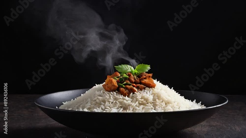 Rice with meat, steamed Uzbek pilaf in a black bowl and butter served on a wooden table ready to eat. Generative AI