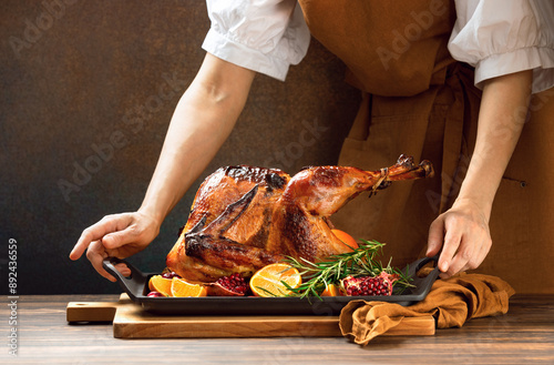 Ready to eat turkey prepared for festive rustic table photo