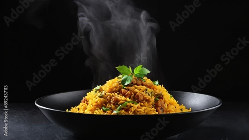Rice with meat, steamed Uzbek pilaf in a black bowl and butter served on a wooden table ready to eat. Generative AI