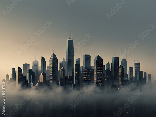 anime cartoon modern city skyline in fog metropolis cityscape background room for copy