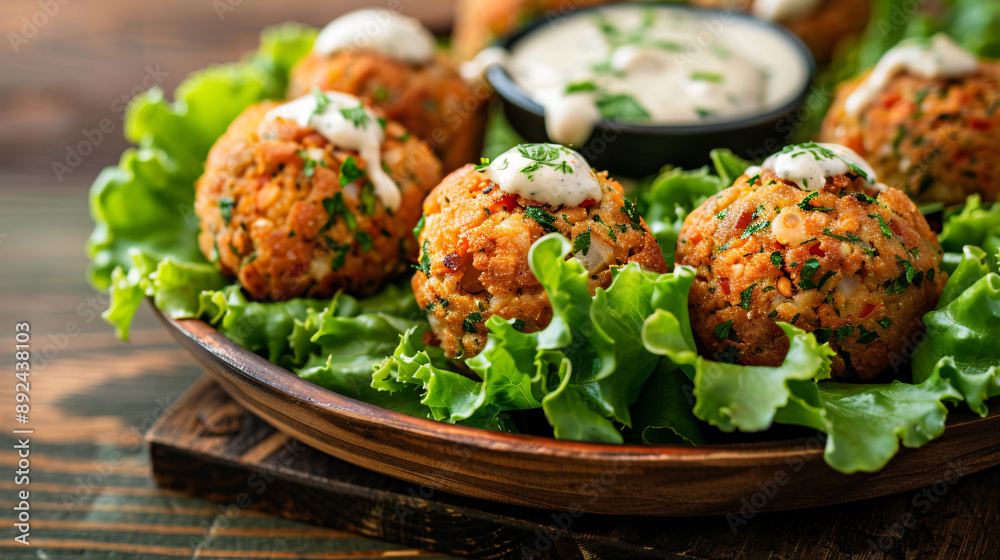 Freshly made falafel balls on a bed of lettuce with tahini sauce Freshly made falafel balls on a bed of lettuce with tahini sauce