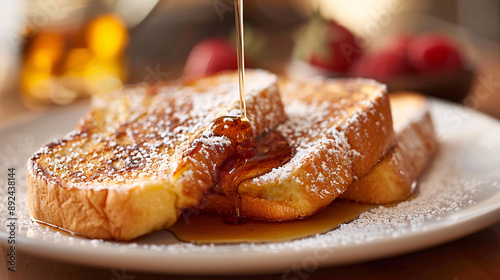 Freshly made French toast with powdered sugar and maple syrup