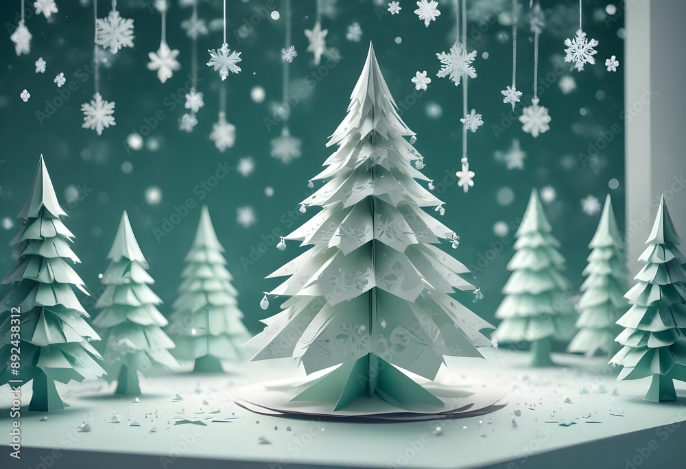 Obraz premium papercut origami, White Christmas tree filled with intricate silver and white ornaments, illuminated by soft, blurred pastel lights. The scene captures winter wonderland aesthetic with snowflakes