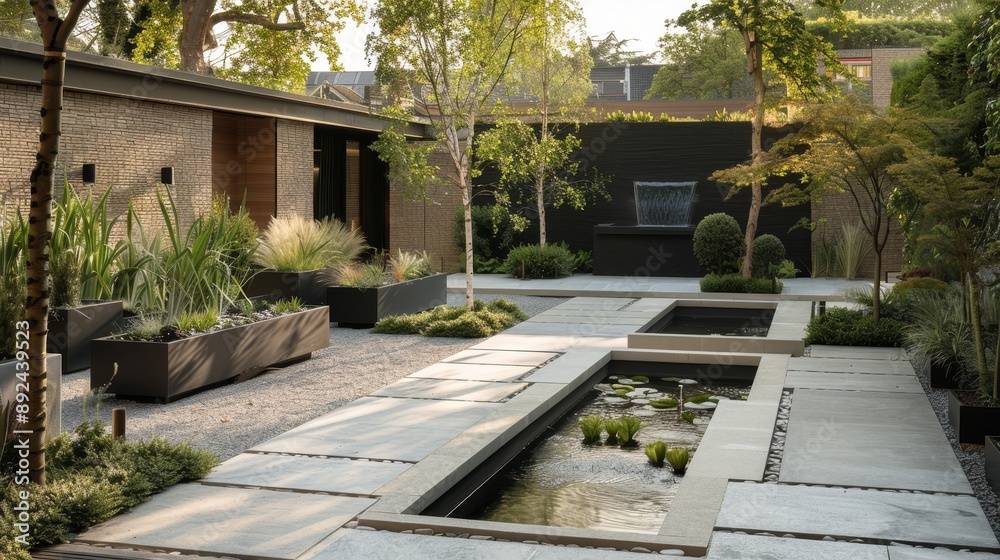 Modern outdoor garden with sleek stone pathways, wooden walls, and lush greenery creating a serene and stylish atmosphere. Modern outdoor garden with sleek stone pathways, wooden walls, and lush greenery creating a serene and stylish atmosphere.