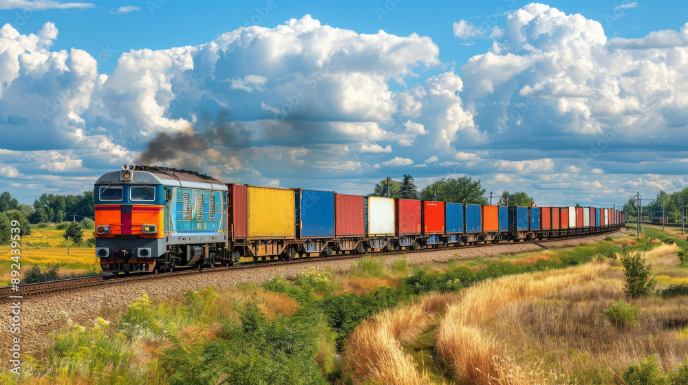 A freight train is hauling a long line of colorful shipping containers through a rural area. A freight train is hauling a long line of colorful shipping containers through a rural area.