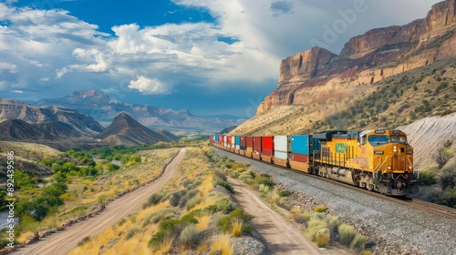 A freight train rumbles through a canyon.
